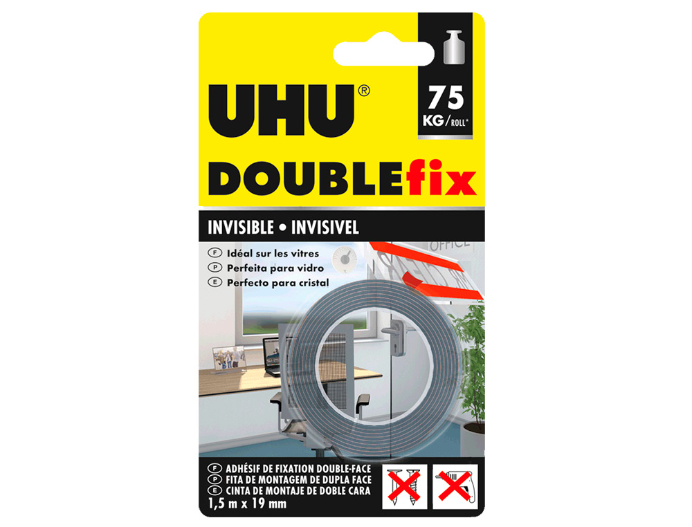 Cinta adhesiva uhu doublefix invisible doble cara extra fuerte 1,5 mt x 19 mm