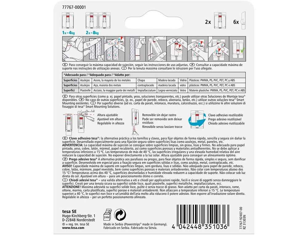 PREGO AUTOADESIVO TESA FIXACAO ATE 4 KG USO AZULEJOS REMOVIVEL BLISTER DE 2 UNIDADES