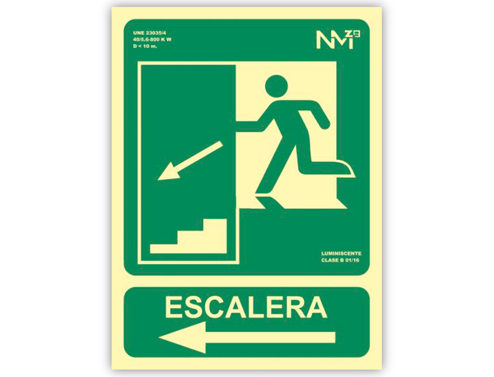 Pictograma archivo 2000 salida emergencia escalera baja izquierda pvc verde luminiscente 224x300 mm