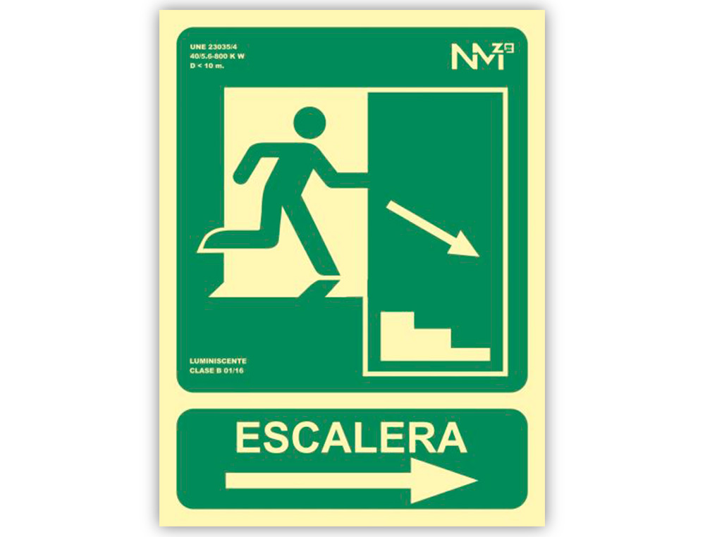 Pictograma archivo 2000 salida emergencia escalera baja derecha pvc verde luminiscente 224x300 mm