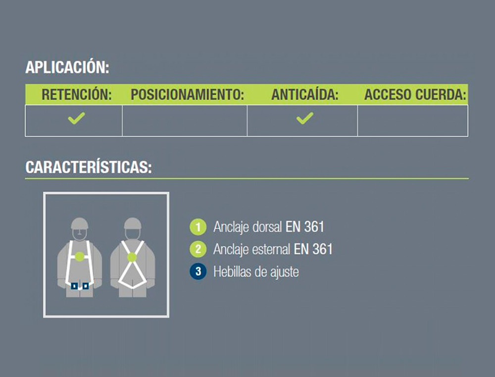 Arnes anticaidas faru dorsal y esternal basico con enganche cincha 45 mm