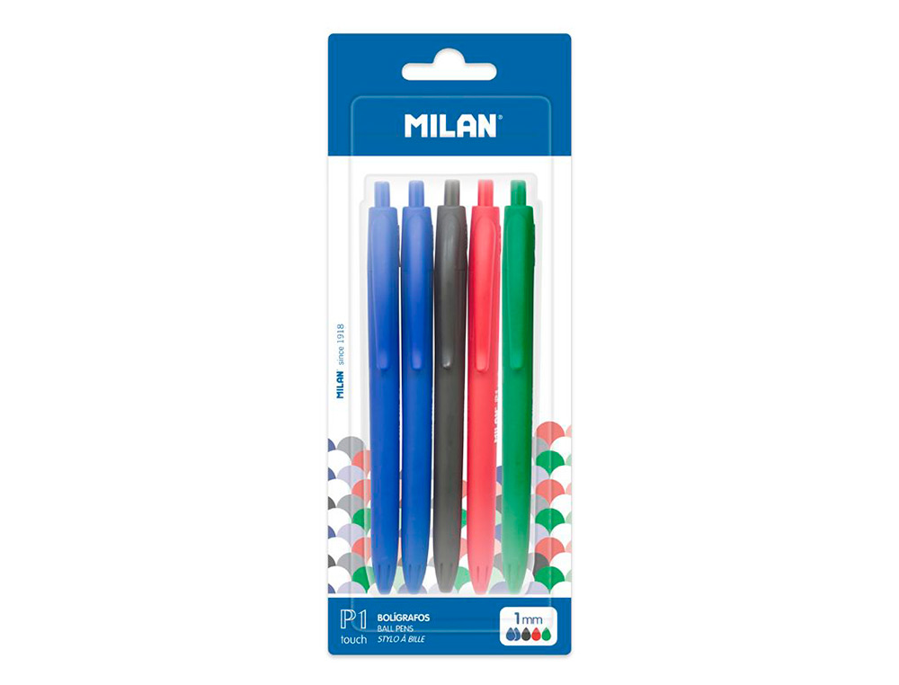 Boligrafo milan p1 retractil 1 mm touch blister de 5 unidades colores surtidos