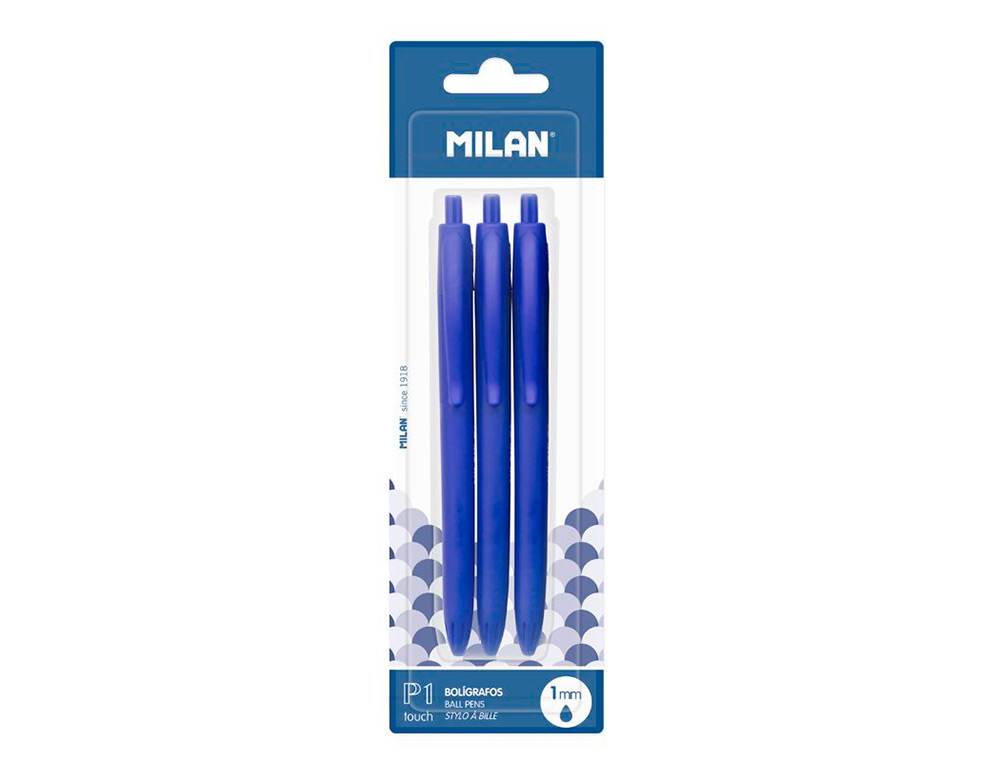 Boligrafo milan p1 retractil 1 mm touch azul blister de 3 unidades