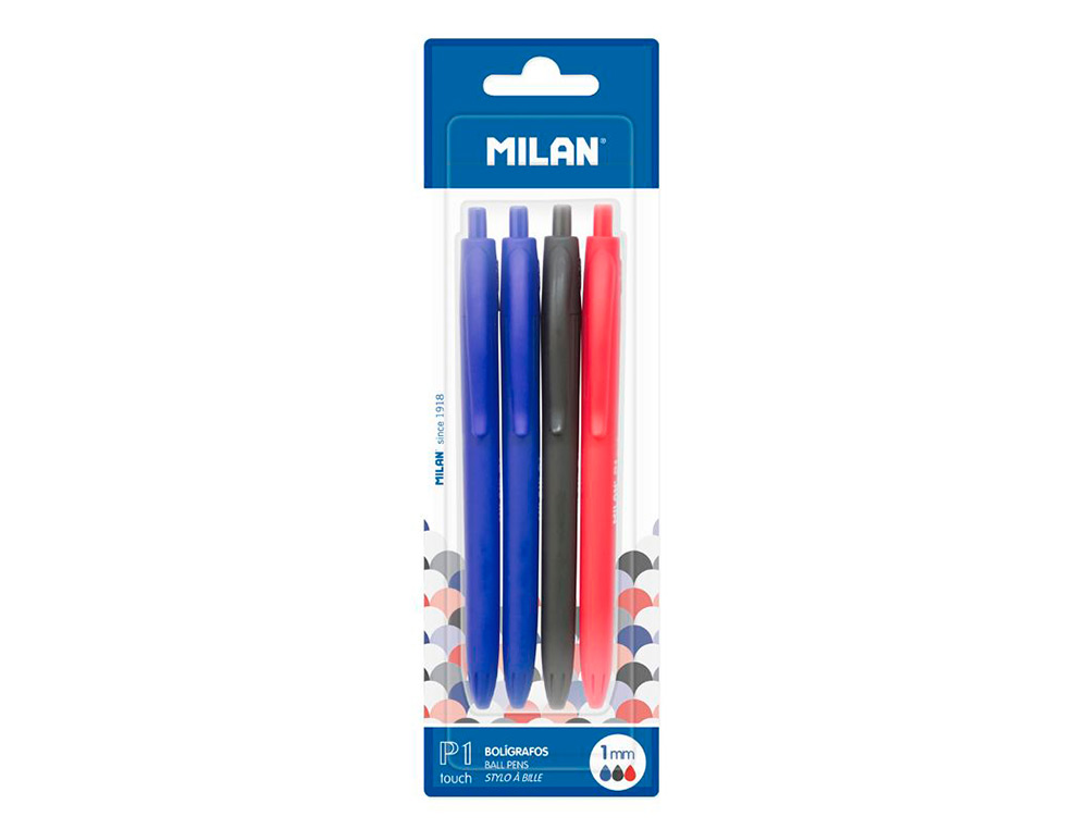 Boligrafo milan p1 retractil 1 mm touch blister de 4 unidades colores surtidos