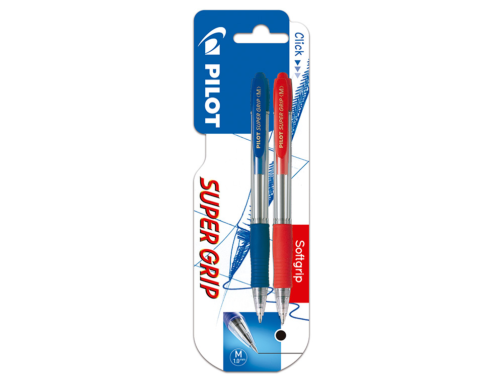 Boligrafo pilot super grip retractil sujecion de caucho tinta base de aceite en blister 1 azul + 1 rojo