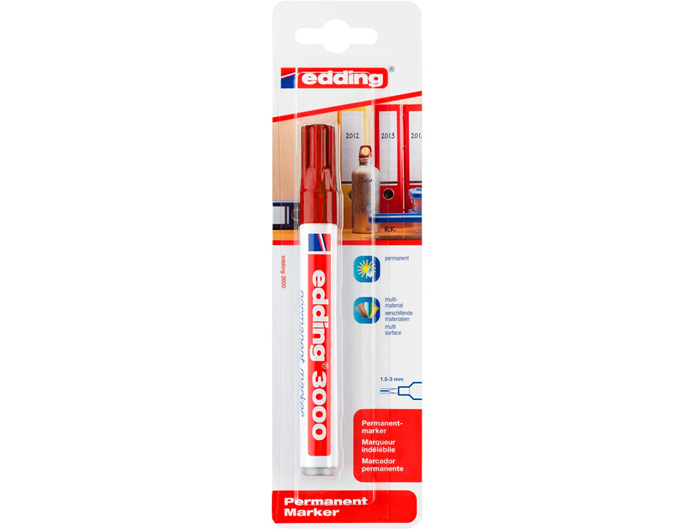 Rotulador edding marcador permanente 3000 rojo n.2 punta redonda 1,5-3 mm blister de 1 unidad