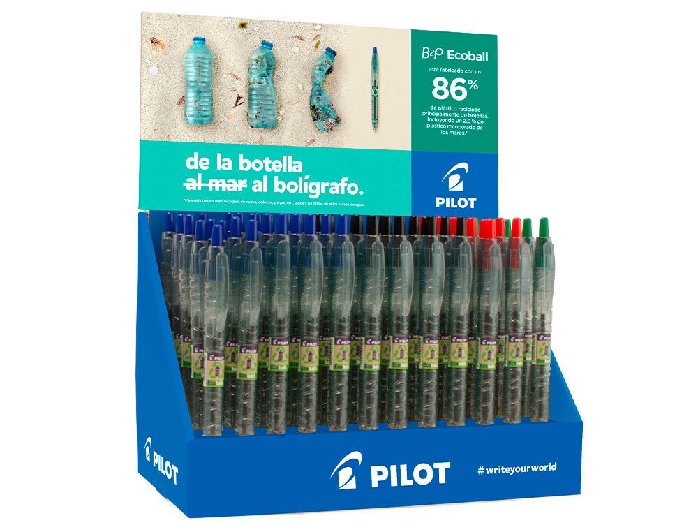 Boligrafo pilot ecoball plastico reciclado expositor de 60 unidades colores surtidos + 10 boligrafos