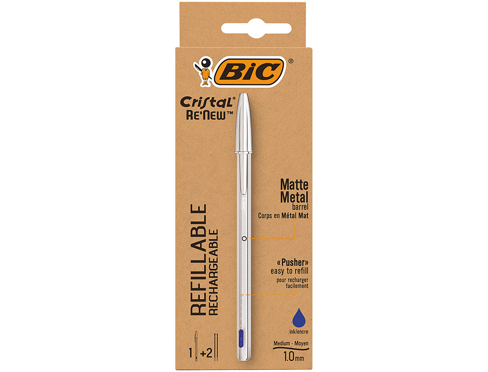 Boligrafo bic cristal renew tinta azul con cuerpo en aluminio mate mas 2 recambios en caja carton