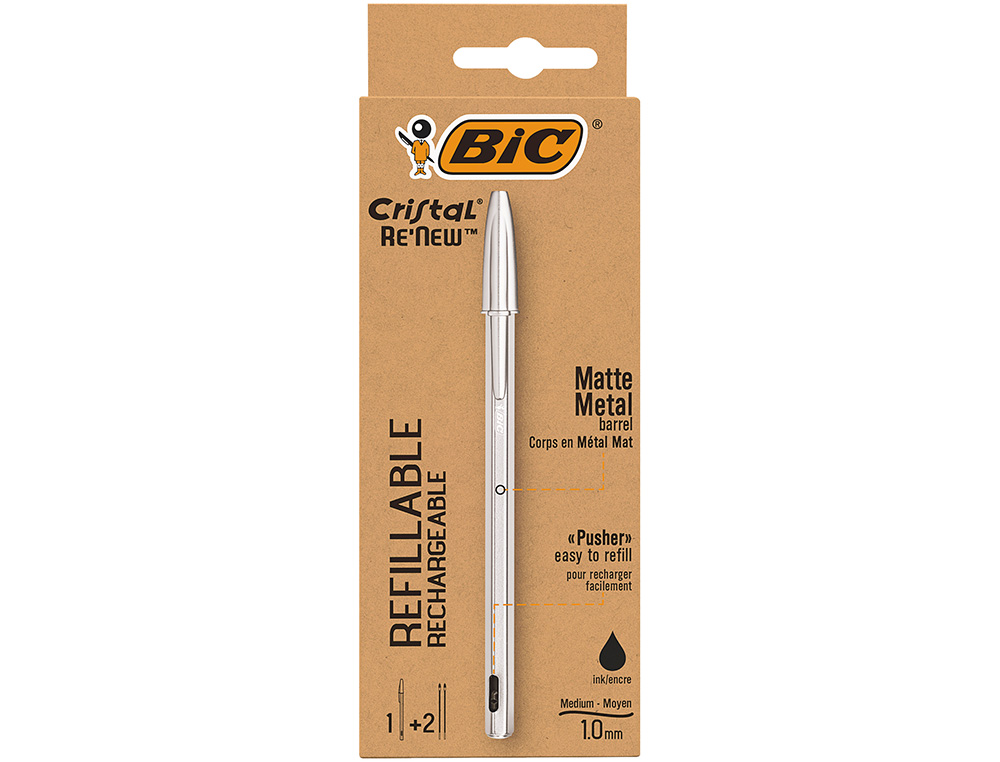 Boligrafo bic cristal renew tinta negra pack de 1 unidad + 2 recambios