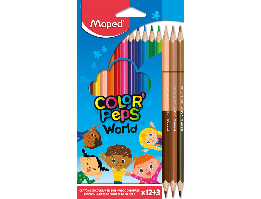 Lapices de colores maped color peps world caja de 12 colores surtidos + 3 duo tonos de piel