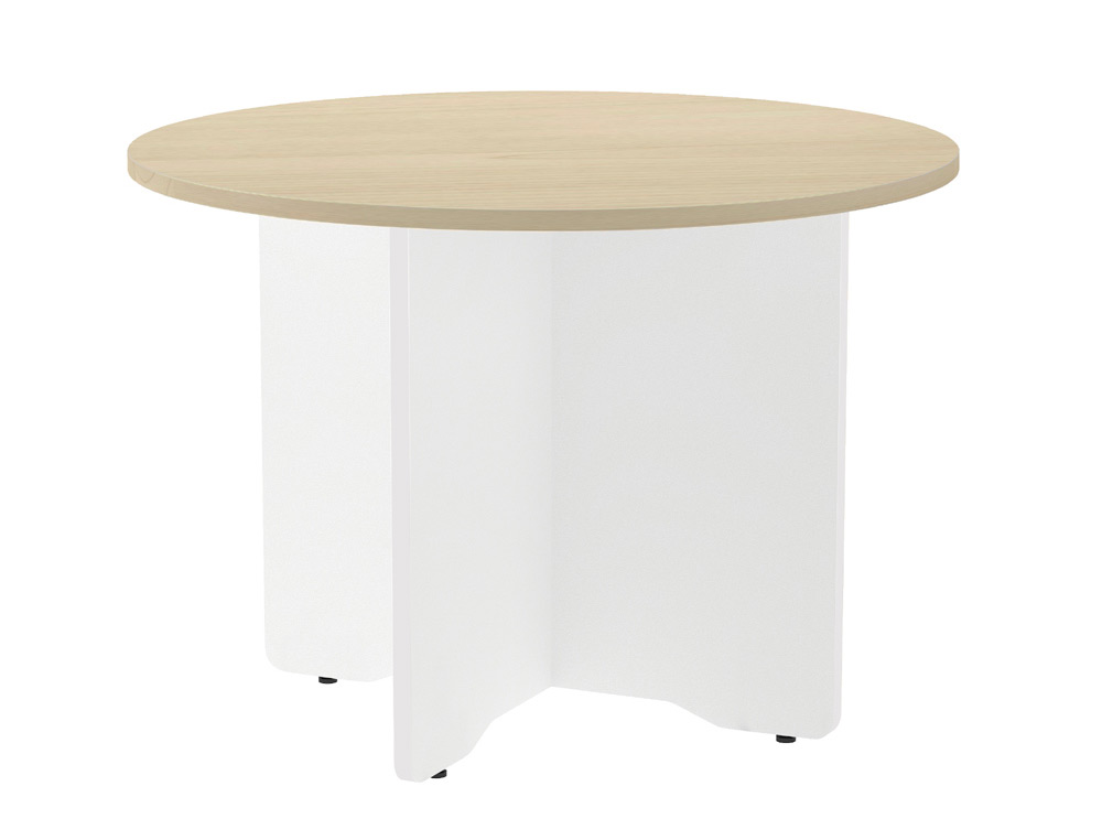 Mesa de reunion rocada redonda 3005aw01 estructura madera en aspas color blanco tablero haya 100cm diametro