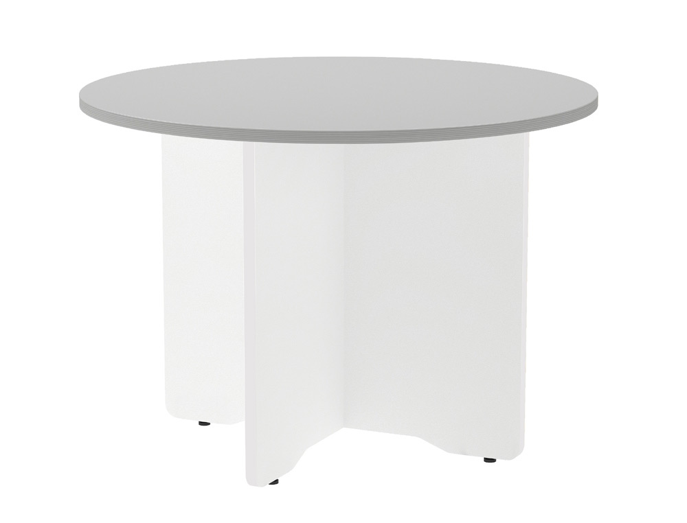 Mesa de reunion rocada redonda 3005aw02 estructura madera en aspas color blanco tablero gris 100cm diametro