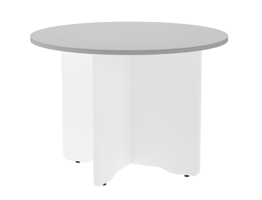 Mesa de reunion rocada redonda 3005aw02 estructura madera en aspas color blanco tablero gris 100cm diametro