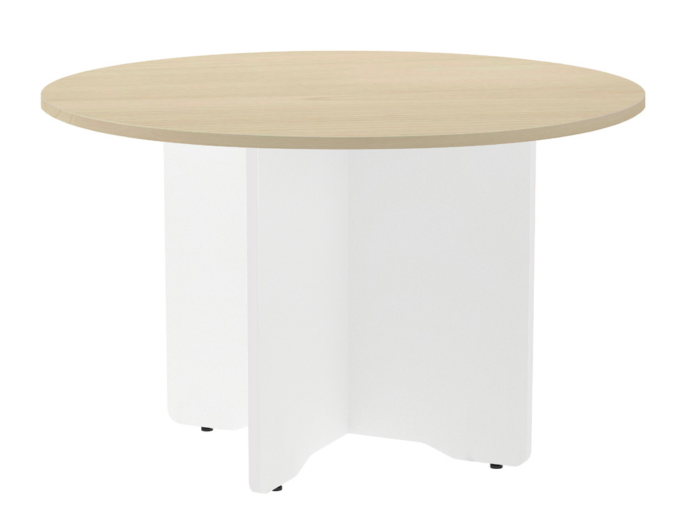 Mesa de reunion rocada redonda 3006aw01 estructura madera en aspas color blanco tablero haya 120cm diametro