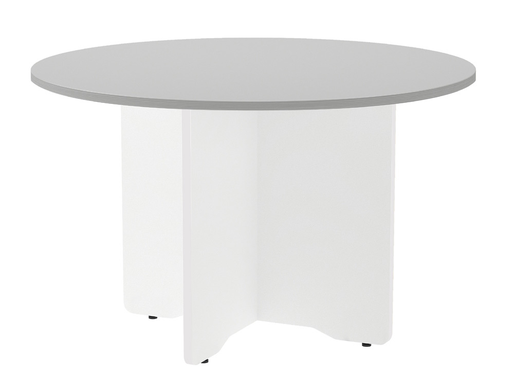 Mesa de reunion rocada redonda 3006aw02 estructura madera en aspas color blanco tablero gris 120cm diametro