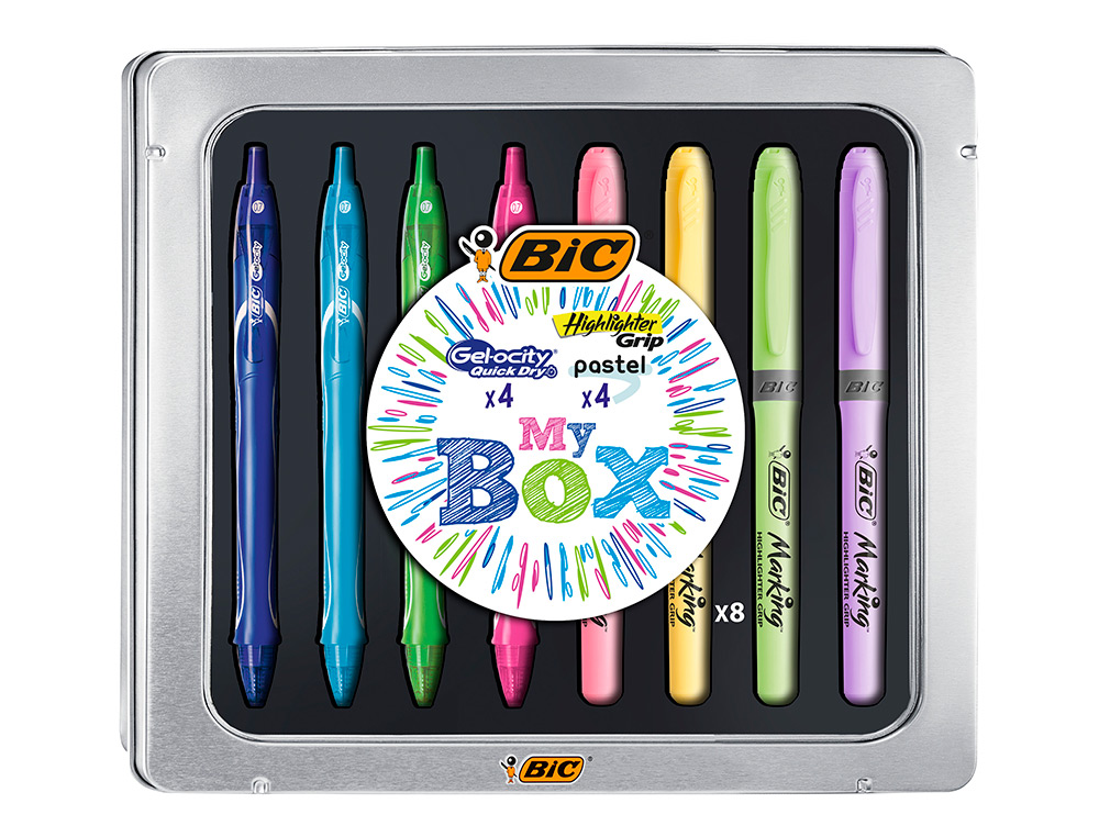 Set bic caja metalica 4 gelocity quick dry colores surtidos + 4 fluorescentes grip colores pastel surtidos