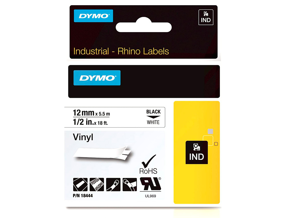 Cinta dymo vinilo blanco 12mm x 5,5mt para etiquetadora rhino