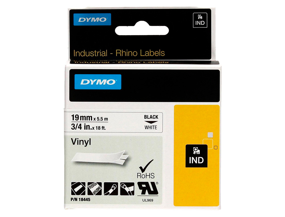 Cinta dymo vinilo blanco 19mm x 5,5mt para etiquetadora rhino