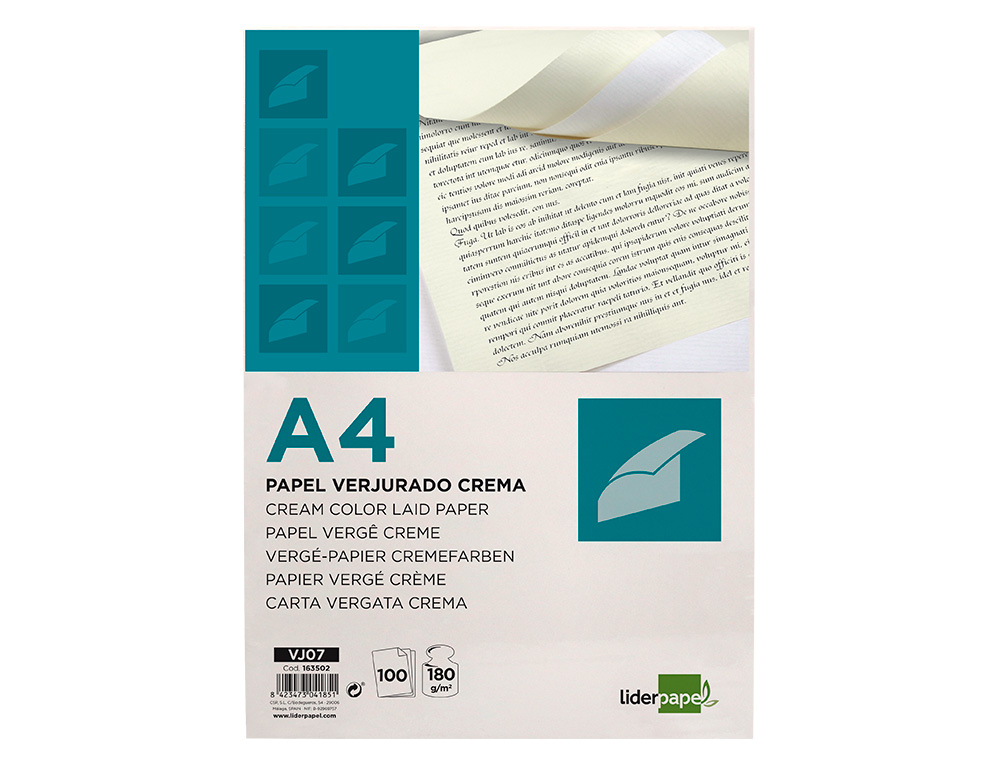 Papel verjurado liderpapel a4 180g/m2 crema paquete de 100 hojas