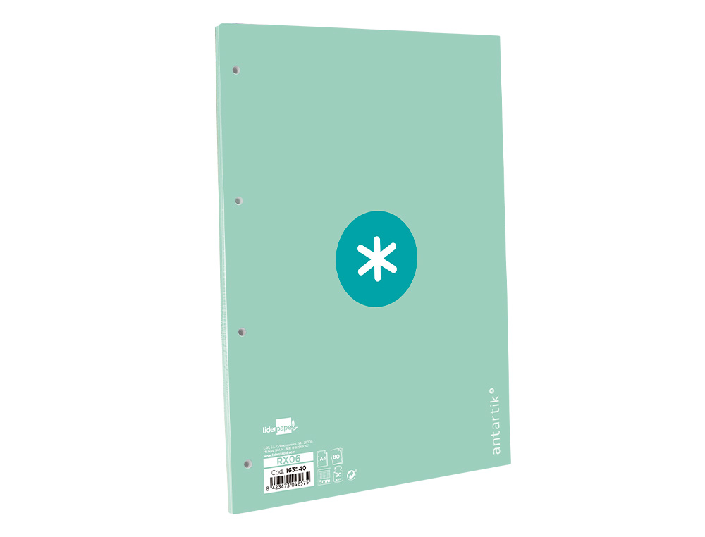 RECAMBIO A4 ANTARTIK 80 HOJAS 90G/M2 CUADRO 5 MM 4 TALADROS 1 BANDA MARCO COLOR MENTA