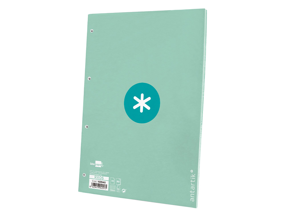 RECAMBIO A4 ANTARTIK 80 HOJAS 90G/M2 CUADRO 5 MM 4 TALADROS 1 BANDA MARCO COLOR MENTA