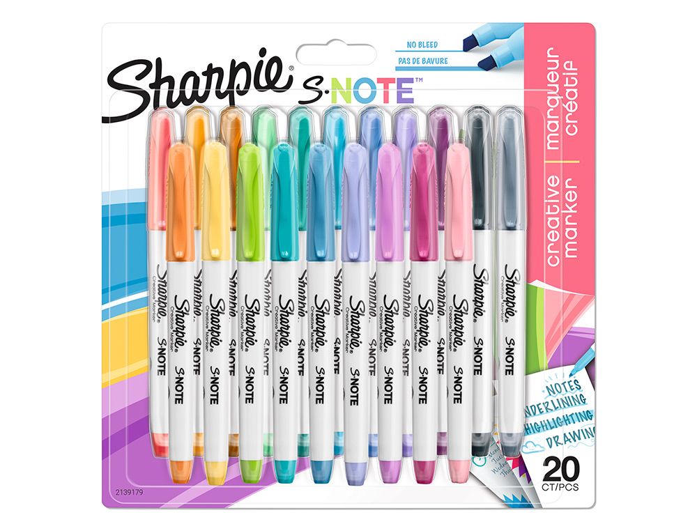 Rotulador sharpie permanente s-note punta biselada trazo 1,2 /3,87 mm blister 20 unidades colores surtidos