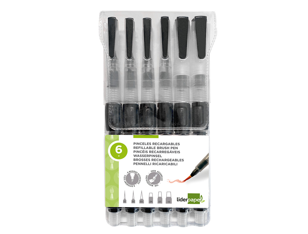 Pincel liderpapel recargable para productos acuarelables set de 6 unidades grosor puntas surtidas