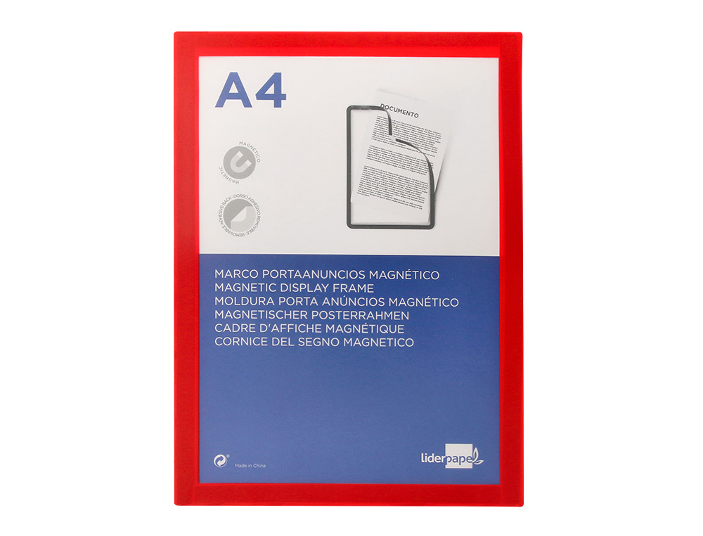 MOLDURA PORTA ANUNCIOS LIDERPAPEL MAGNETICA DIN A4 SUPORTE ADESIVO REMOVIVEL COR VERMELHO