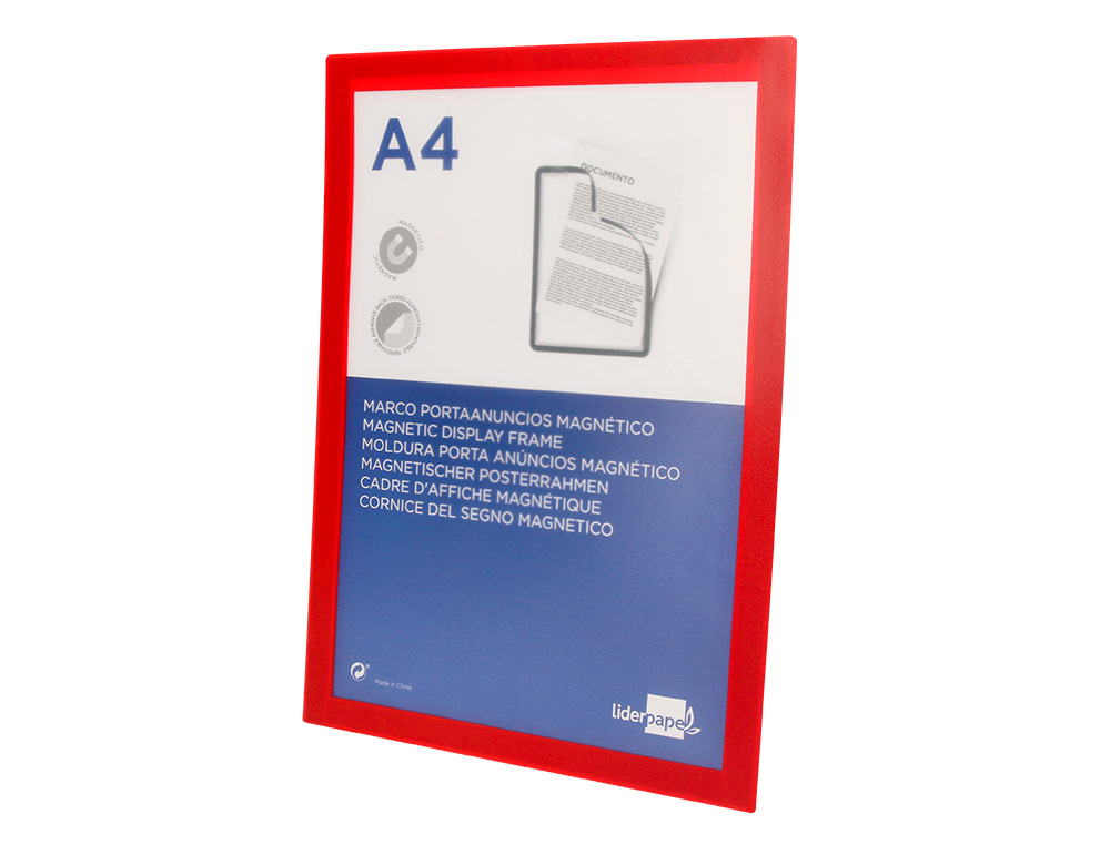 MOLDURA PORTA ANUNCIOS LIDERPAPEL MAGNETICA DIN A4 SUPORTE ADESIVO REMOVIVEL COR VERMELHO
