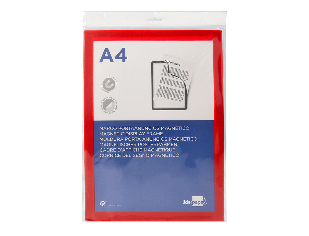 MOLDURA PORTA ANUNCIOS LIDERPAPEL MAGNETICA DIN A4 SUPORTE ADESIVO REMOVIVEL COR VERMELHO