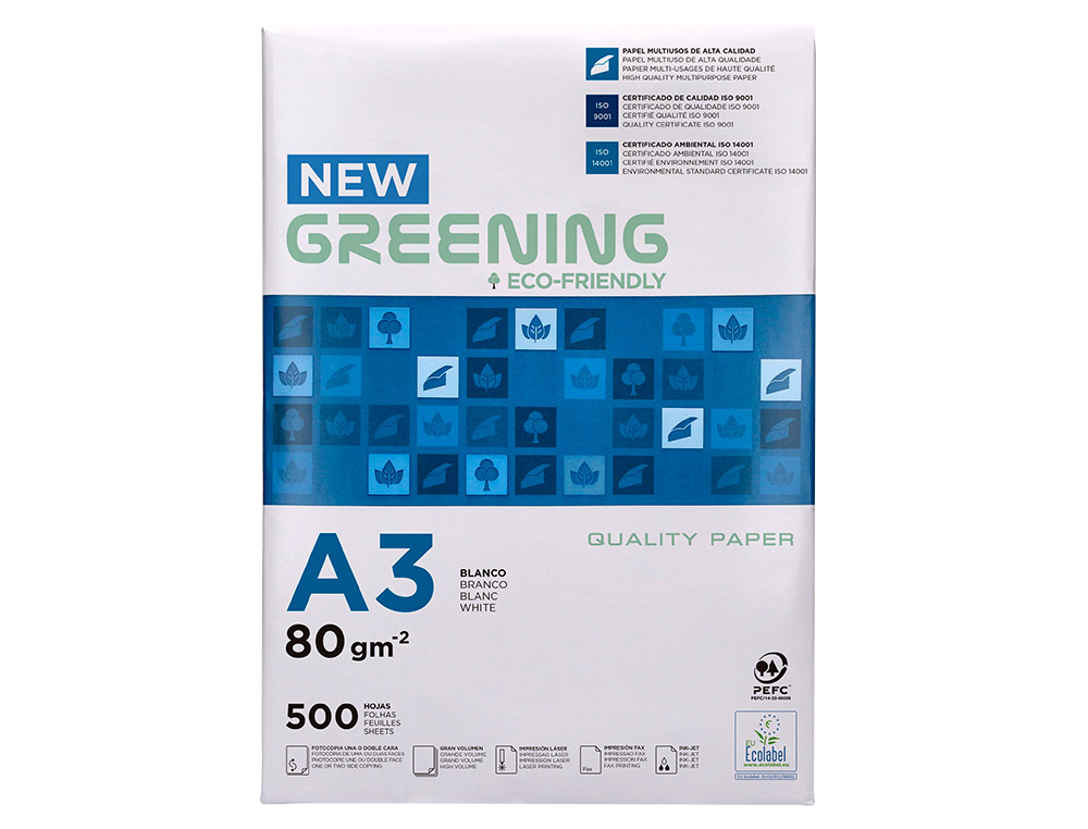 Papel fotocopiadora greening din a3 80 gramos paquete de 500 hojas