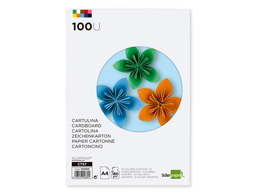 Cartulina liderpapel a4 180g/m2 25 colores surtidos paquete de 100 hojas