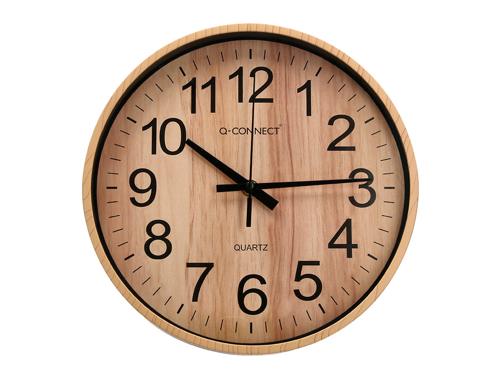 Reloj q-connect de pared de plastico redondo 25,7 cm movimiento silencioso color madera natural