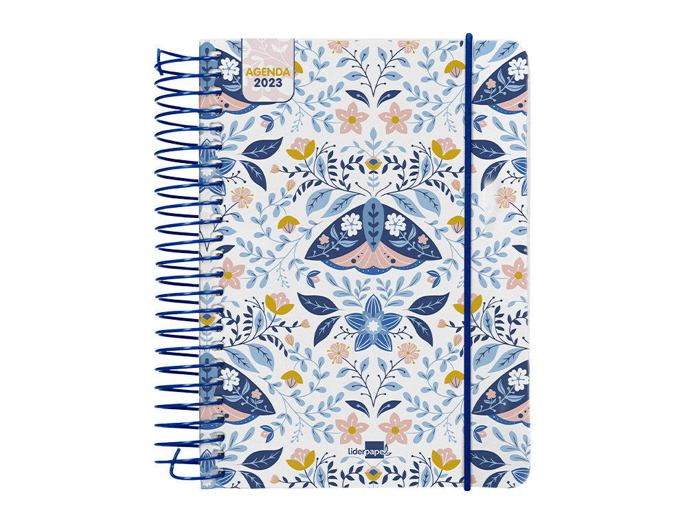 Agenda espiral liderpapel santorini 10,5x14,8 cm 2023 dia pagina papel 60 gr mariposas