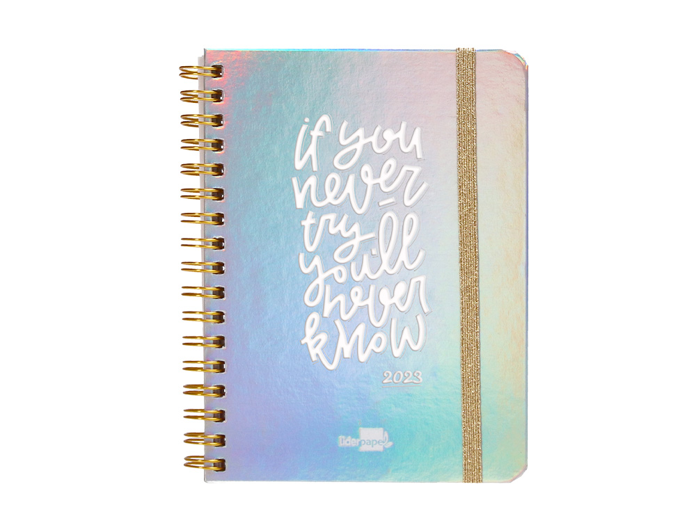 Agenda doble espiral liderpapel kymolos tapa iridiscente tamaño a6 semana vista papel blanco 70g