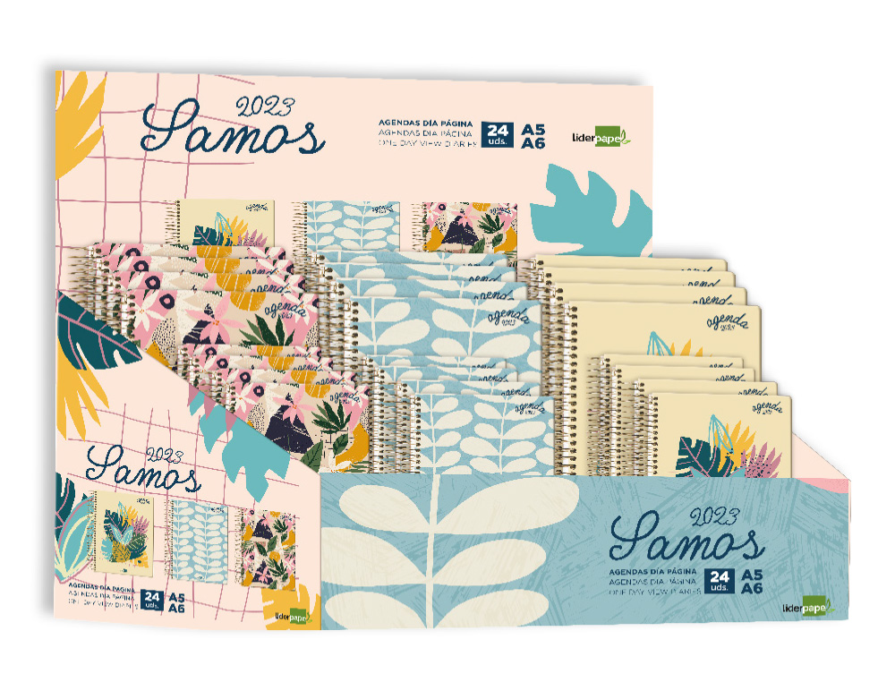 Agenda espiral liderpapel samos a5/a6 2023 expositor de 24 unidades papel 70 gr