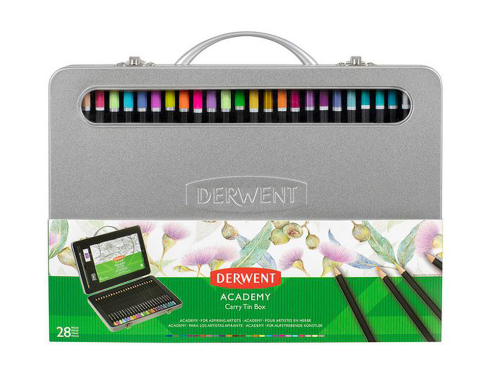 Estuche de pintura derwent academy metalico con asa lapices de colores 28 piezas