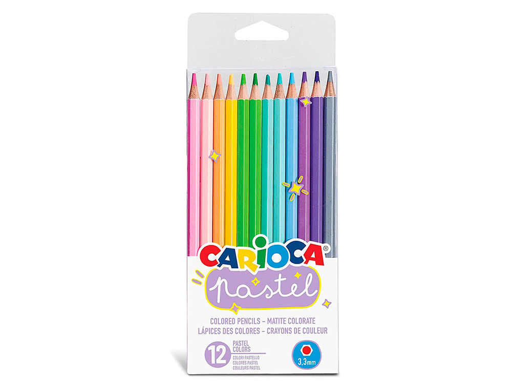 Lapices de colores carioca bi color pastel triangular mina 3,3 mm blister de 12 unidades colores surtidos