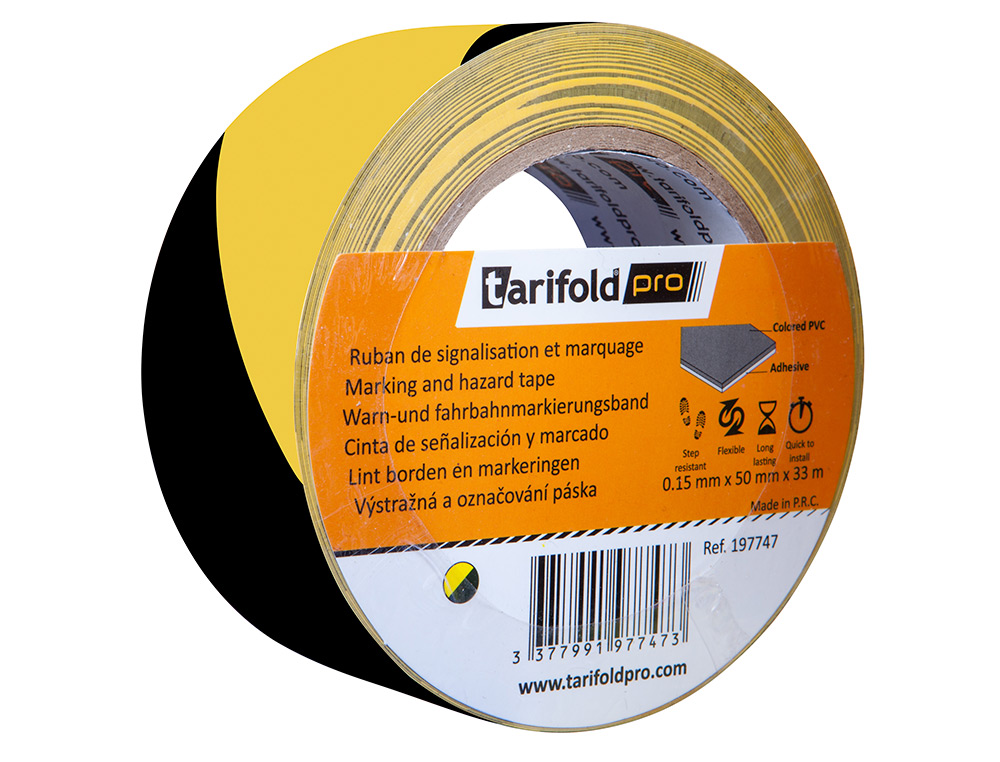 Cinta adhesiva tarifold seguridad para marcaje y señalizacion de suelo 33 mt x 50 mm color negro/amarillo