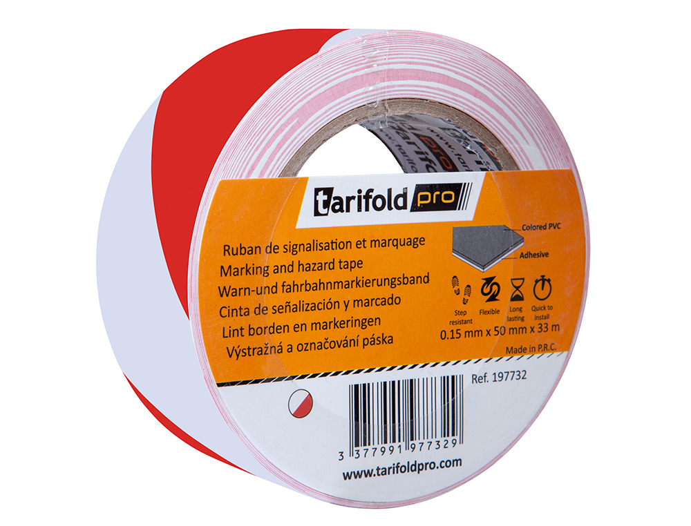 Cinta adhesiva tarifold seguridad para marcaje y señalizacion de suelo 33 mt x 50 mm color blanco/rojo