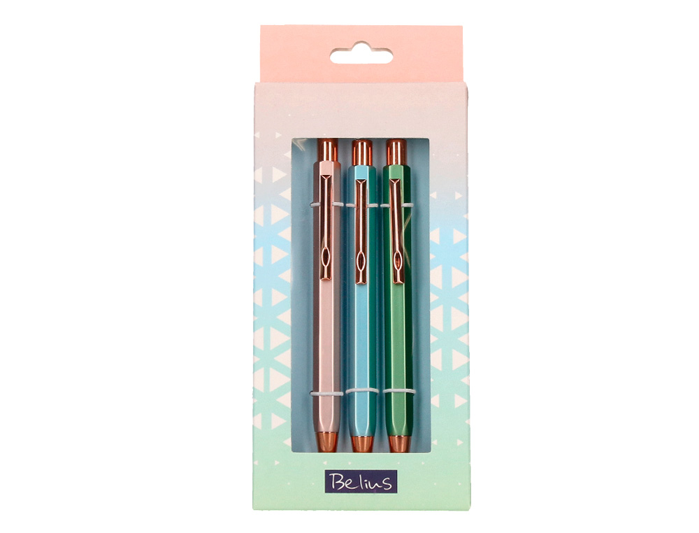 BOLIGRAFO BELIUS BRELA CUERPO HEXAGONAL CON CLIP COLORES PASTELES CAJA DE REGALO CON 3 BOLIGRAFOS