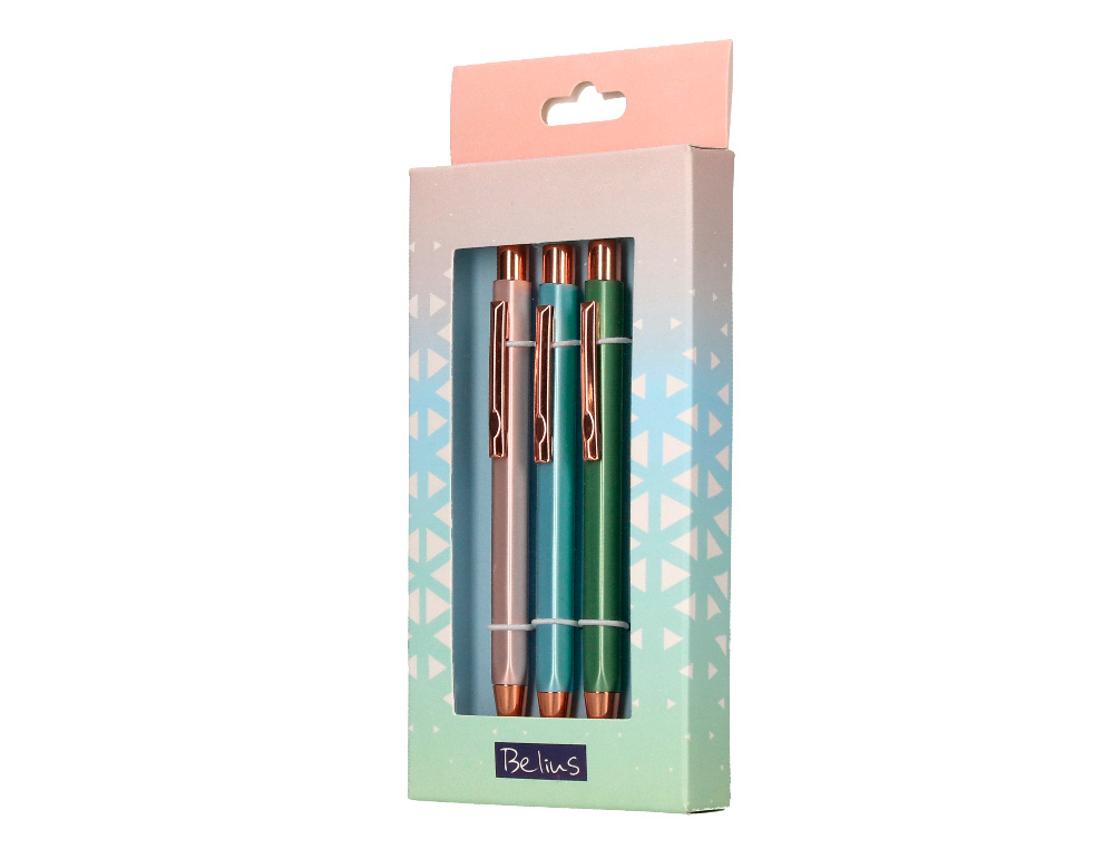 BOLIGRAFO BELIUS BRELA CUERPO HEXAGONAL CON CLIP COLORES PASTELES CAJA DE REGALO CON 3 BOLIGRAFOS