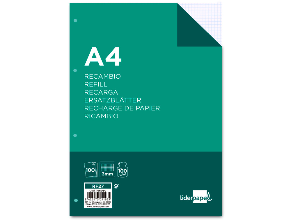 Recambio liderpapel a4 100 hojas 100g/m2 cuadro 3mm con margen 4 taladros