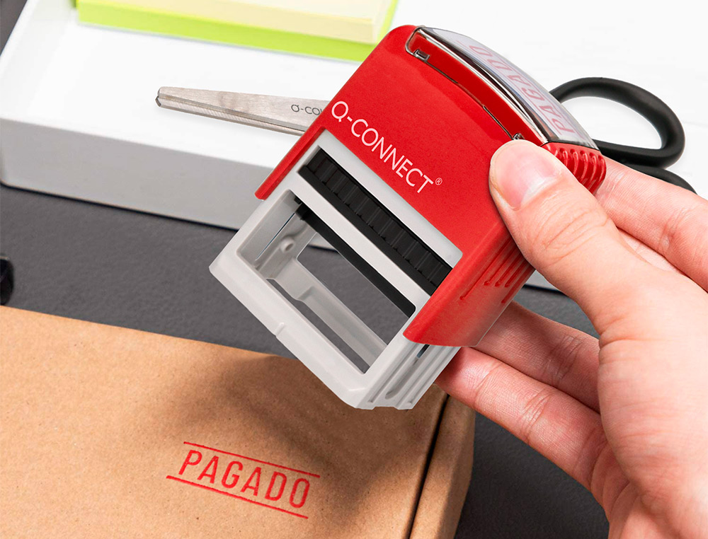 SELLO ENTINTADO AUTOMATICO Q-CONNECT PAGADO ALMOHADILLA 14X38 MM COLOR ROJO