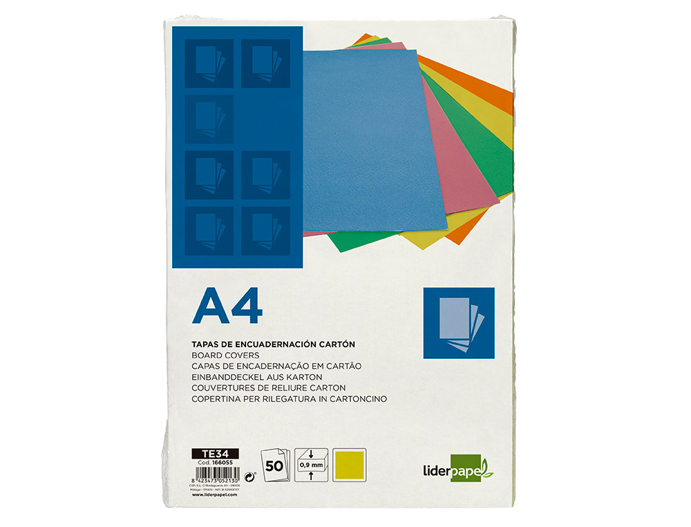 Tapa encuadernacion liderpapel carton a4 0,9mm amarillo fluor paquete de 50 unidades