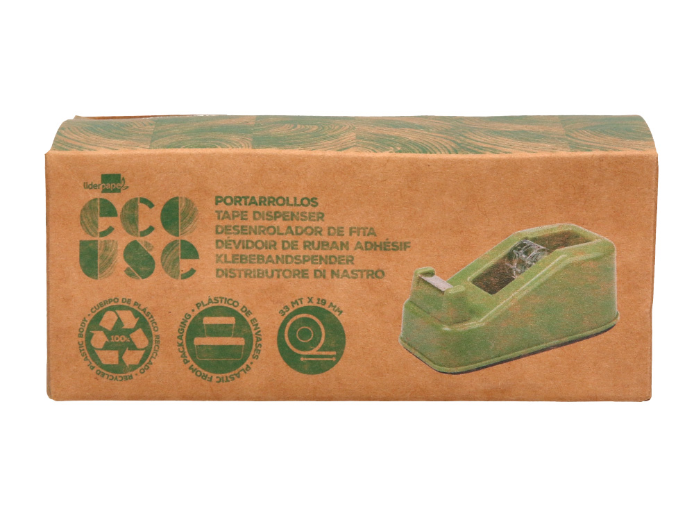 PORTARROLLO SOBREMESA LIDERPAPEL ECOUSE 100% PLASTICO RECICLADO PARA CINTA DE 33 MT COLOR VERDE