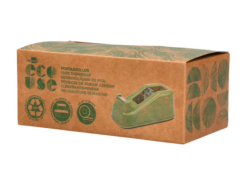 PORTARROLLO SOBREMESA LIDERPAPEL ECOUSE 100% PLASTICO RECICLADO PARA CINTA DE 33 MT COLOR VERDE