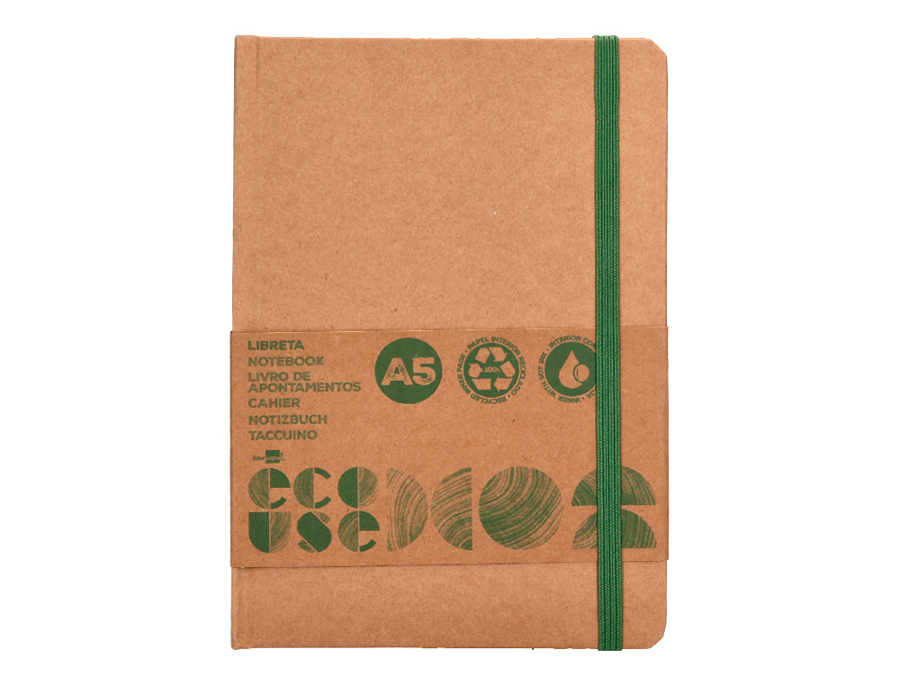 Libreta liderpapel ecouse 100% reciclada a5 96 hojas 70g/m2 horizontal con gomilla y marca paginas