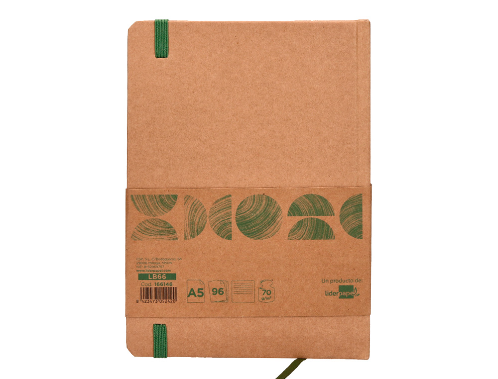 LIBRETA LIDERPAPEL ECOUSE 100% RECICLADA A5 96 HOJAS 70G/M2 HORIZONTAL CON GOMILLA Y MARCA PAGINAS