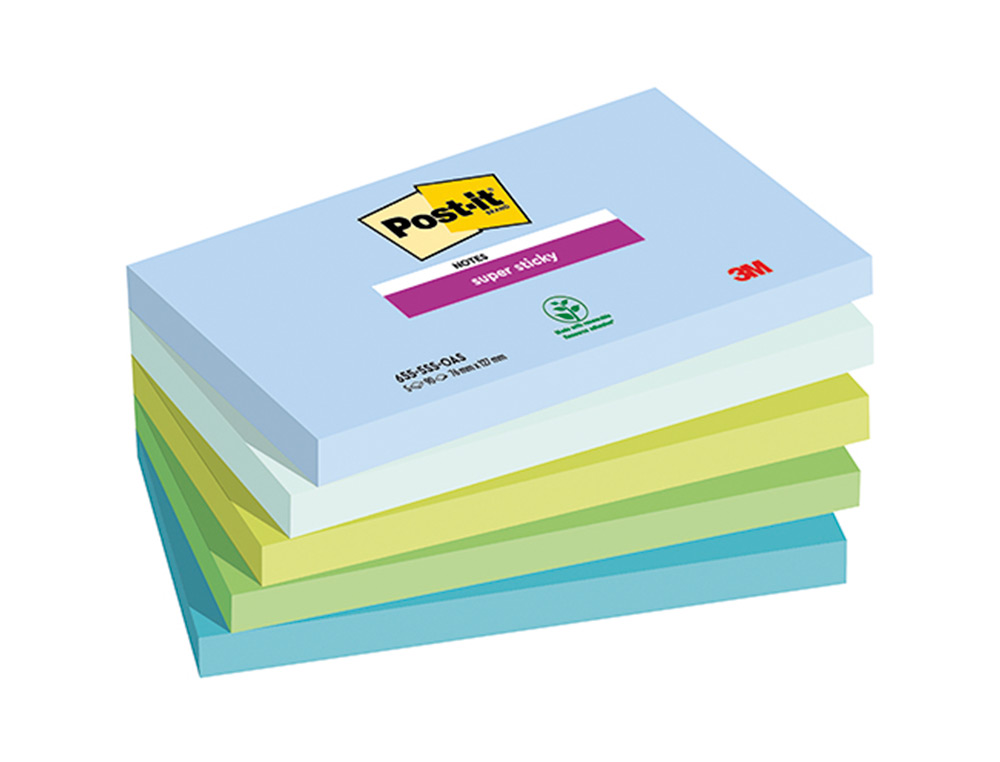 Bloc de notas adhesivas quita y pon post-it super sticky oasis 76x127 mm 90 hojas 100% pefc pack de 5 unidades